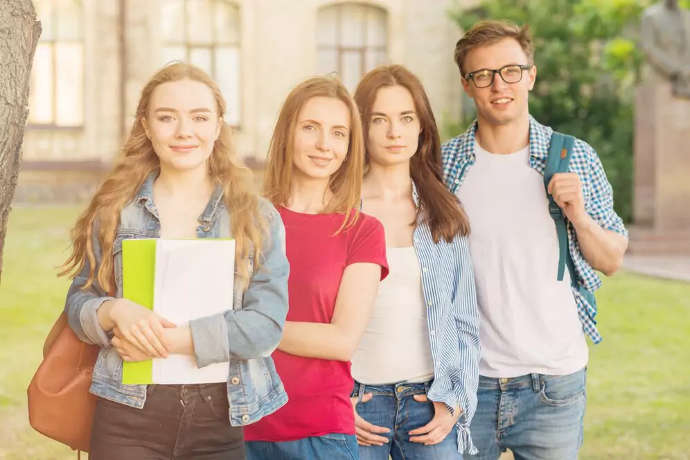 group-young-students-front-school-building